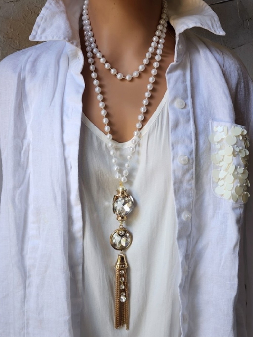 Long White Pearl Necklace With Gold Crystal Tassel